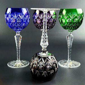 Vintage - Set of 4 - Dynasty by Godinger Cut-Crystal Multi-Color Wine Glasses